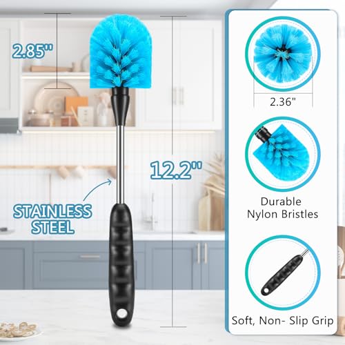 12.2 inch Bottle Brush Set of Three,Washable Coffee Cups, Water Bottles, Baby Bottles, Straws, to-go Cups, Long-Handled 3-in-1 Stainless Steel Bottle Brushes.