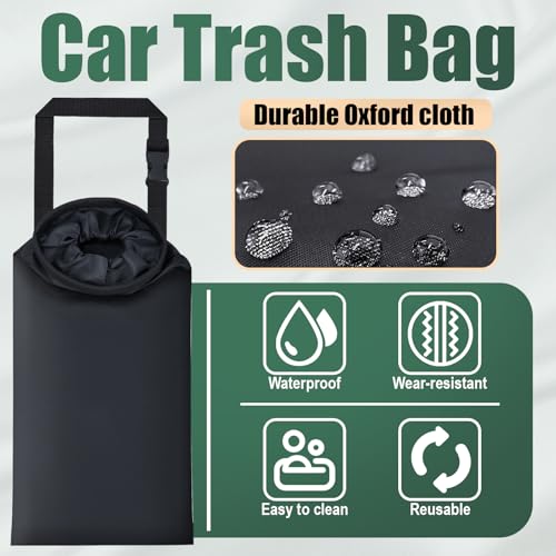 ecocstm 2 PCS Car Trash Bags, Car Accessories Washable Garbage Bag Hanging, Detachable Trash Can with Top Elastic Vent & Sticky Strap Bottom Opening, Seat Back Tash Bag for Cars,Travelling,Outdoor