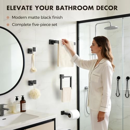 5-Pieces Matte Black Bathroom Hardware Accessories Set, SUS304 Stainless Steel Bath Towel Bar Set, Towel Racks for Bathroom Wall Mounted.