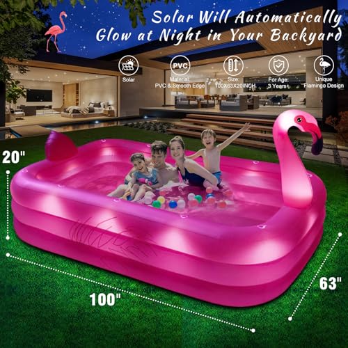 Inflatable Pool with Lights, Solar Flamingo Swimming Pool for Kids,Adults Inflatable Blow up Pool, Large Kiddie Pool,Durable Thickened Kids Pool for Backyard,Outdoor,100"X63"X20"-Bright Pink