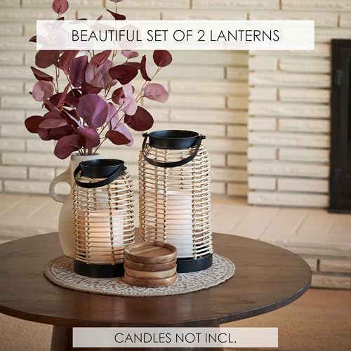 Natural Rattan Boho Lanterns - Handcrafted Chic Decor to Enhance Your Home - Modern Farmhouse Beauty Perfect for Any Living Room, Patio & Porch, Indoor and Outdoor Coffee Table or Kitchen Dining Table