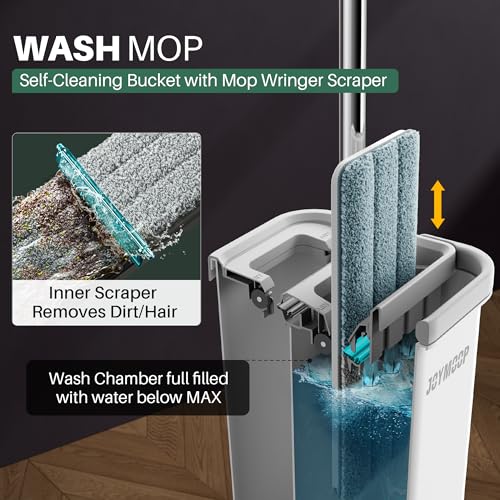 JOYMOOP Mop and Bucket Set, Hands-Free Flat Floor Mop with 3 Washable Microfiber Pads, Wet and Dry Use, Ideal for Home and Commercial Floor Cleaning
