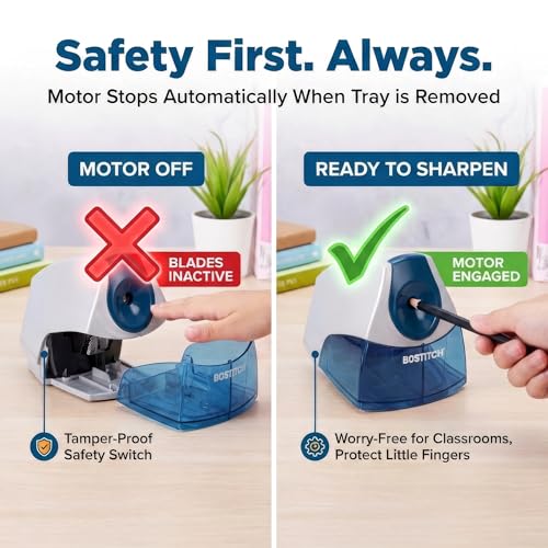 Bostitch Office Electric Pencil Sharpener for Classroom & Desk Use, Heavy-Duty Stall-Free Motor, High-Capacity Shavings Tray, Blue