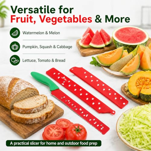 Watermelon Knife with Sleeve for Melon Cutting, Long Serrated Bread Lettuce Vegetable Knife, Kitchen Fruit Melon Tomato Cutter Slicer, with Cover for Home Summer Party Camping Outdoor (Red Green)