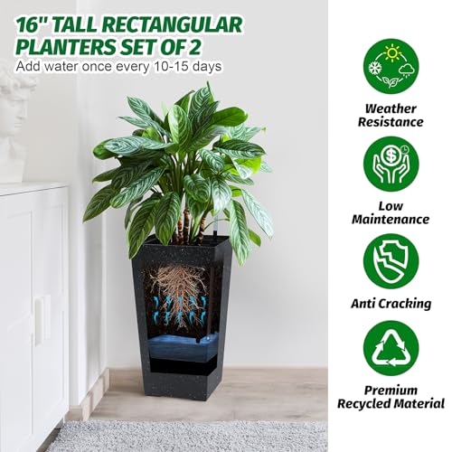 Garvee 16" Tall Planters Set of 2, Outdoor&Indoor Black Planter Pots, High Front Porch Planter Pots with Drainage Holes&Water Level Monitor&Inner Bucket,Black