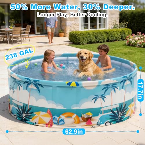 Foldable Swimming Pool for Kids 62.9"x17.7" Hard Plastic Portable Dog Pool Anti-Slip Collapsible Pets Bathtub Kiddie Pool Indoor Outdoor Backyard (Beach Party 63'')