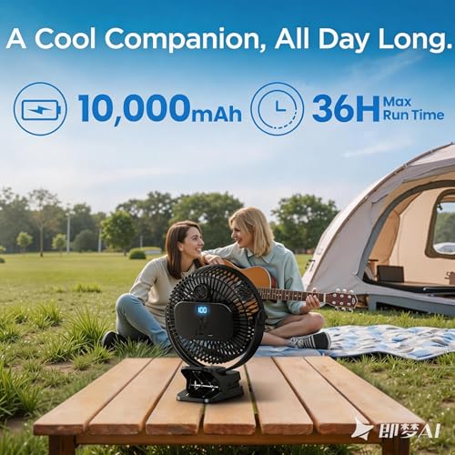 EasyAcc 10000mAh Portable Clip on Fan - 8 inch 37H Working Time Quiet Battery Rechargeable Desk Fan, Strong Airflow, Digital Display, 5 Speeds, Sturdy Clamp Fan for Golf Cart Office Bed Travel Camping
