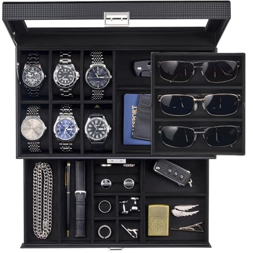 ProCase Mens Jewelry Box, Lockable 6 Slot Watch Case & 3 Slot Sunglasses Organizer, 2-layer Mens Jewelry Organizer Watch Box for Men, Watches Holder Display Storage, Fathers Day Gift -AllBlack