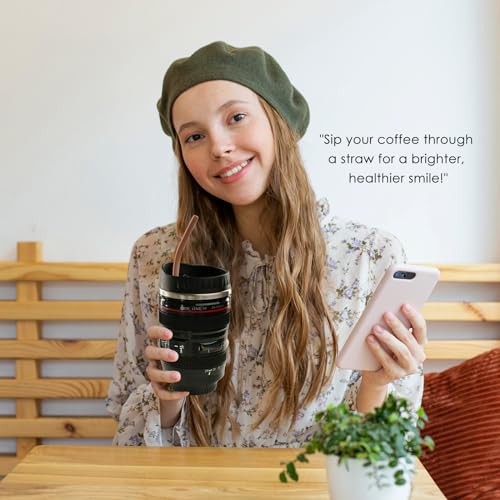Coffee Mug- Ideal for Photographers&Travelers - Day Gifts,2 Lids,Cup Holder,Silicone Straw- Stainless Steel Lens Mug Thermos-Gift for Him, Photography, Camera accessories, Novelty Gifts