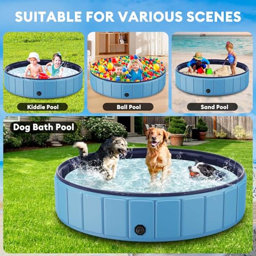 Foldable Dog Pool for Large Dogs, 91” Collapsible Hard-Side Dog Swimming Pool, Leakproof PVC Portable Pet Bath Tub & Kiddie Pool, Non-Slip Bottom, Indoor & Outdoor, Blue