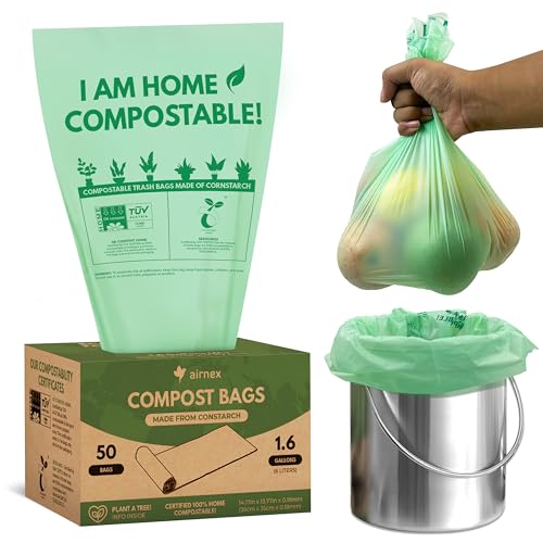 AIRNEX Small Compost Bags 1.6 Gal - 50 Compostable Kitchen Trash Bags for Countertop Bin - Cornstarch Leakproof & Tear-Resistant - OK Compost Home & Seedling Certified 0.18 mm Kitchen Garbage Bags