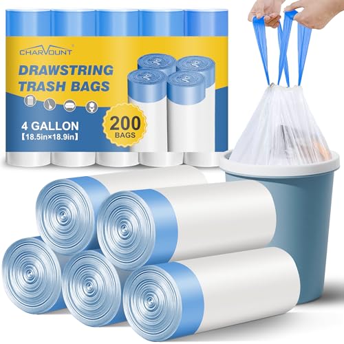 Charmount Small Trash Bags 4 Gallon, 200 Count Drawstring Mini Garbage Bags, Plastic Trash Can Liners for Bathroom Accessories, Bedroom, Dorm Room Essentials, Office