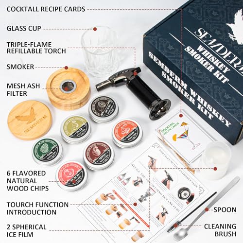 Bourbon Whiskey Smoker Kit with Torch - Old Fashioned Cocktail Smoker Kit with 2 Whiskey Glasses, 6 Wood Chips - Valentines Anniversary Birthday Gifts for Men Dad Husband Boyfriend (No Butane)