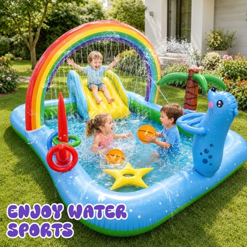 Inflatable Play Center Pool with Water Slide, 90.6 X 77.6in Rainbow Sprinkler Arch & Seal Design Kiddie Pool for Kid's Summer Backyard Splash Toy with Slide, Sprinkler & Play Area