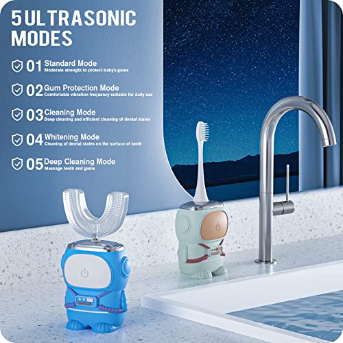 RexCodar Ultrasonic Kid's U-Shaped Electric Toothbrush, IPX7 Waterproof, Five Cleaning Modes,Cartoon Astronaut, 60S Smart Reminder (6-12 Age (Blue))