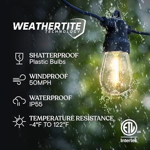 Brightech Ambience Pro Solar Powered Outdoor String Lights -27 ft Commercial Grade Waterproof Edison Patio Lights, Shatterproof LED String Lights for