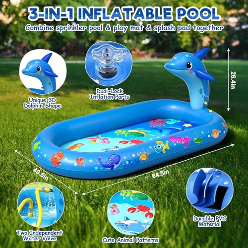 Splash Pad for Toddlers, 3-in-1 Dolphin Inflatable Baby Pool Sprinkler for Kids, Baby Splash Pads Outdoor Play Mat, Backyard Summer Water Toys Birthday Gift for 1+ Year Old Girls Boys