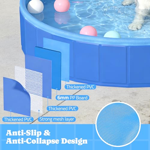 Pawtners Foldable Dog Pool with Sprinkler & RGB LED Light, 72" Collapsible Hard Plastic Swimming Pool for Small Large Dogs Cats and Kids, Portable Pet Bathing Tub Wading Pool for Backyard Camping Blue
