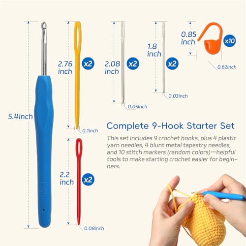 9PCS Ergonomic Crochet Hooks Set by Flickzo – Aluminum Crochet Hook Set with Soft Silicone Handles (2-6mm), Crochet Kit for Beginners with Crochet Tools & Knitting Accessories