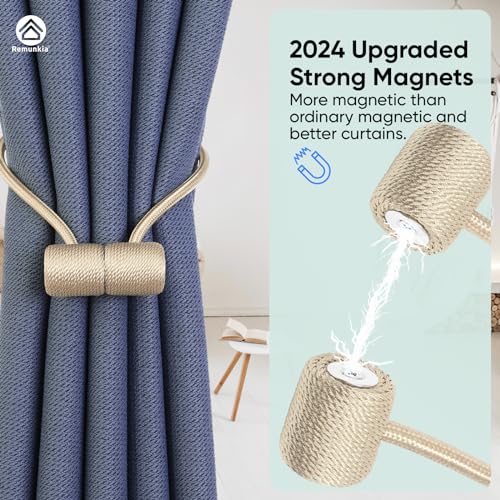 Remunkia Magnetic Curtain Tiebacks 4 Pack, Curtain Tie Backs Holder, Outdoor Curtains Tiebacks Window Treatment Holdbacks with Strong Magnet Modern Rope Tiebacks Decorative All Drape Curtains - Beige