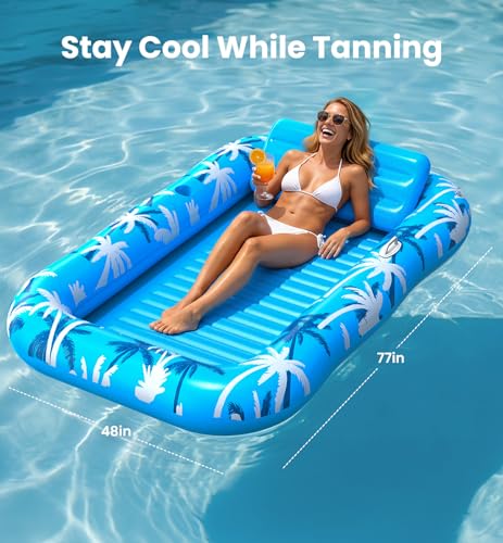 Inflatable Tanning Pool Lounger Float with Sprinkler, X-Large Pool Floats with Auto Spray Cooling, 6 in 1 Sunbathing Lounge Floatie Raft Toys, Blow Up Pool Tanning Bed for Adults Kids Gifts