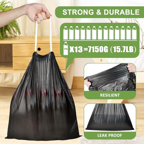 132 Count Small Trash Bags, 4 Gallon Drawstring Garbage Bags, Bathroom Wastebasket Liners, Tear-Free Plastic Bags for Toilet Home Office and Bedroom (Black)