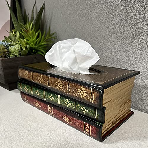 Crafted Classical Retro Wooden Antique Book Tissue Box Cover Rectangular Tissue Holder Dispenser Paper Cover Case Napkin Holder Home Decor for Bathroom Living Room Office car Kitchen