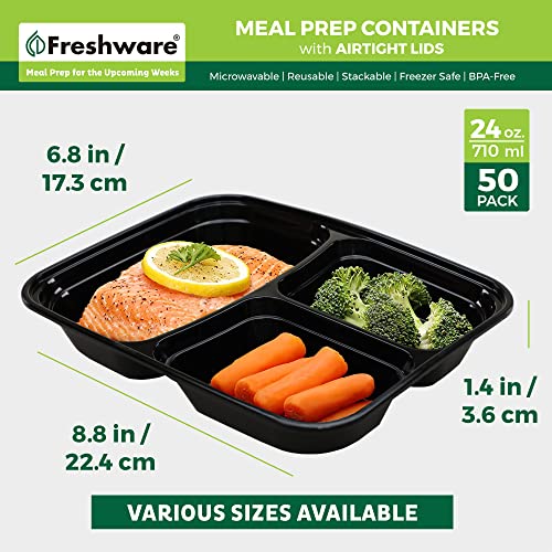 Freshware Meal Prep Containers 50 Pack 3 Compartment Food Storage Containers with Lids, Bento Box, BPA Free, Stackable