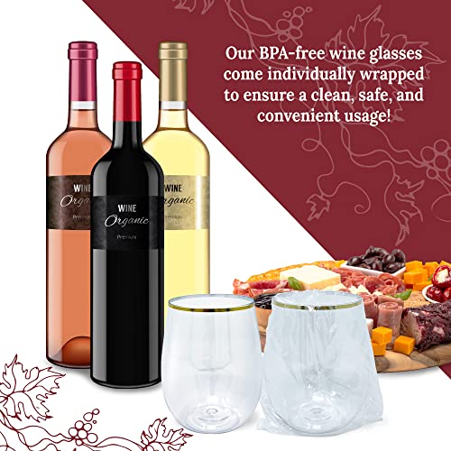 Reli. 12oz. Disposable Wine Glasses Gold-Rim (20 Pack) Stemless Crystal Clear | Reusable & Recyclable BPA-Free Food-Grade Plastic | Shatterproof Party Cups for Juices, Cocktails, Whiskey Any Occasion