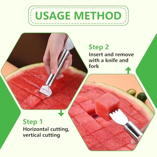 2-in-1 Stainless Steel Fruit Cutter, Watermelon Slicer with Fork, Dual Head Watermelon Fork Slicer Tool for Cubes, Fruit Knife with Round Handle for Home Kitchen, Picnic & Party (1Pack)