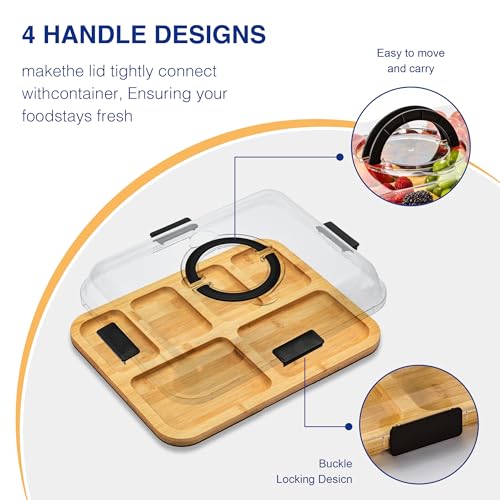 Charcuterie Board with Clear Lid, Portable 6-Compartment Cheese & Snack Tray, Reversible Bamboo Cutting Board, Secure Latch Closure for Picnics, Parties & Light Travel, Housewarming Gift