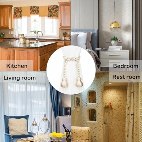 Magnetic Curtain Tiebacks Outdoor Curtain Tie Backs Rope Decorative Magnetic Curtain Holders for Drapes Window Treatment Holdbacks, Beige 2Pack