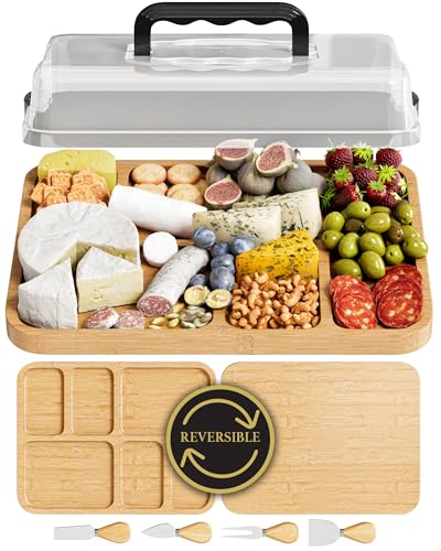 Charcuterie Board with Lid - Reversible, 2-in-1 Travel Portable Cheese Board for Picnics & Entertaining - Housewarming Gift Set Idea - Covered Snack Serving Tray - Large Food Platter