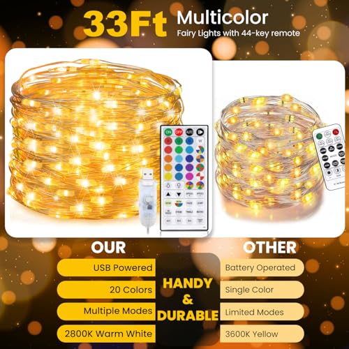 Fairy Lights USB Plug in 33ft 100LEDs with Remote, Warm White 20 Color Changing Light Twinkle Firefly String Lights for Bedroom Party Wedding