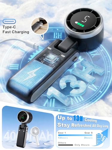Portable Handheld Turbo Fan, 5 Gear Wind, Battery Operated, Up to 13 Working Hours Rechargeable Fan, 3 IN 1 Hand Fans with Air Turbo Tech Cooling Fan for for Travel, Beach, Outdoor - Black