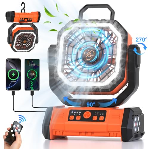 Honesorn Portable Rechargeable Fan 20000mAh, Camping Fan with LED Light & Remote, USB C Cordless Battery Powered, 4 Speeds Timer Hanging Hook for Travel Tent Outdoor Essentials - Orange