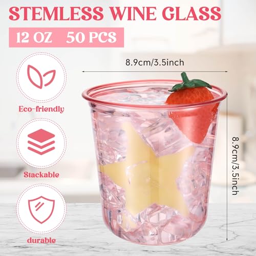 Ziliny 50 Pcs Disposable Stemless Glasses 12oz Crystal Plastic Wine Glasses Clear Classic Pet Cup for Meeting Weddings Birthdays Cocktail Christmas Party Supplies (Pink)