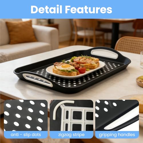 2 Pack Large Nonslip Serving Tray with Handles Lap Food Trays for Eating on Couch Tray for Breakfast Dinner Snack Fruit Beverage(Black & White)