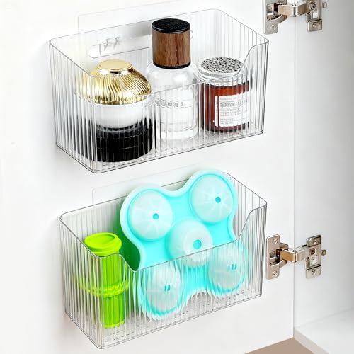 2 Pack Cabinet Door Organizer, Adhesive Wall Mounted Organizer Bins, Clear Storage Caddy, Stackable Basket for Kitchen Cabinets, Bathroom, Pantry