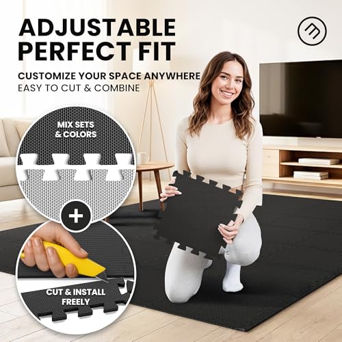 bemaxx Gym Mats Set - 18 pcs EVA Interlocking Foam Floor Tiles (12.6"x12.6"x0.4") 18sqft Protective Gym Flooring Sports Home Workout Exercise Mats Puzzle Garage Fitness Play-Room Pool Treadmill Bike