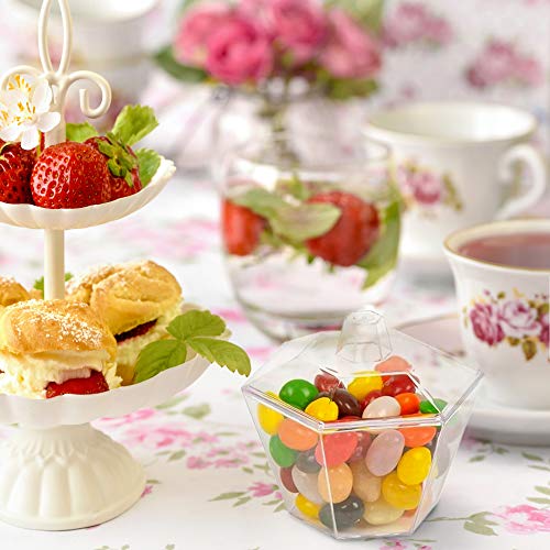 Oasis Creations Hexagonal Mini Bowl-Lids & Spoons Included- 3.3 ounce -40 Count -Clear Plastic - Six Sided - Flower Cup-Dessert Cup- Serving -Snack Bowl-Disposable or Reusable