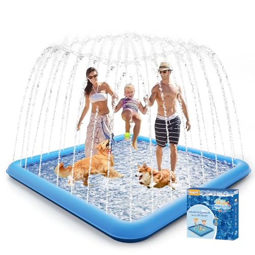 Raxurt Splash Pad, 107"- 80" Non-Slip Splash Pad for Kids and Dogs, Thickened Durable Square Dog Pool with Sprinkler Summer Outdoor Water Toys for Toddler Girls Boys Children Pet (Blue)