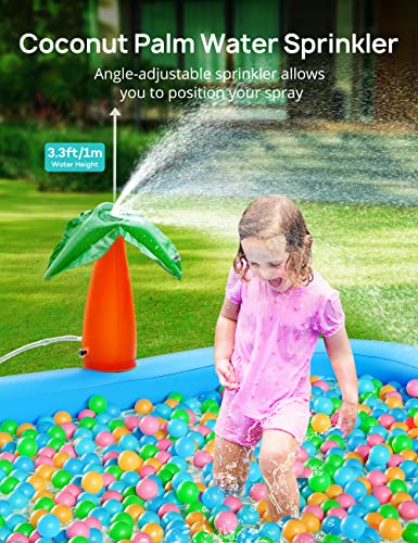 Kiddie Pool with Slide Inflatable Play Center Wading Lounge Kids Pool, Coconut Palm Sprinkler, Water Game Play Center 95''x75''x40'', Blue