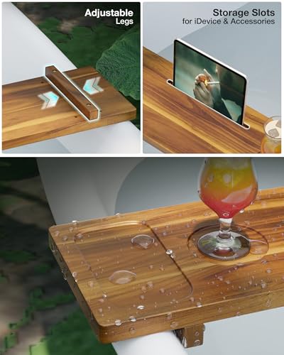 Bathtub Tray, Acacia Bath Tray for Tub, 34.6''x9'' Wooden Bathtub Caddy Tray with Adjustable Legs Fit Various Bathtubs, Anti-Tipping, Sustainable Bath Table with Wine Glass and Tablet Holder