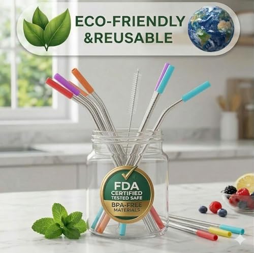 Set of 16 Reusable Stainless Steel Straws with Travel Case Cleaning Brush Silicone Tips Eco Friendly Extra Long Metal Straws Drinking for 20 24 30 oz Tumbler