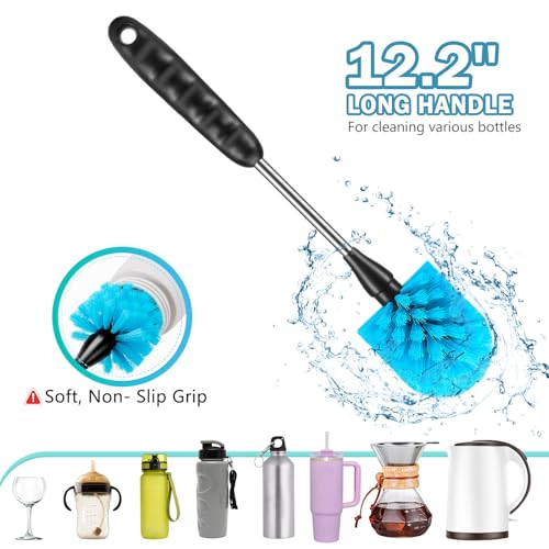 12.2 inch Bottle Brush Set of Three,Washable Coffee Cups, Water Bottles, Baby Bottles, Straws, to-go Cups, Long-Handled 3-in-1 Stainless Steel Bottle Brushes.