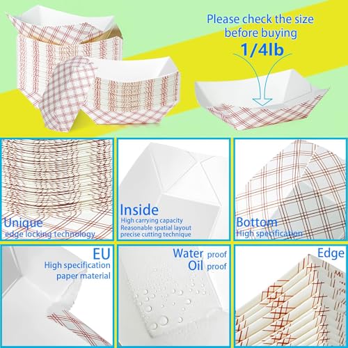 300 Pack Checkered 1/4Lb Paper Food Boat Trays Disposable Small Paper Boats Plates Containers, 0.25Lb Mini Kraft Food Serving Boat Tray Bowls for Snack Fries Dessert Popcorn Sauce Taco Nacho