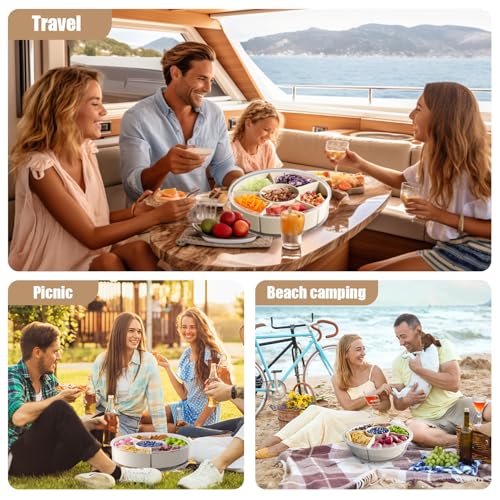 Divided Serving Tray with Lid and Handle,Large Snack Spinner,Snackle Box Container, Multi-Purpose Food Platter for Charcuterie Veggie Fruit, Taco Tuesday Movie Night Travel Beach Picnic Essentials