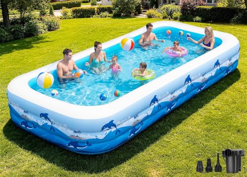 Large Inflatable Swimming Pool for Adults & Kids – 165”x76”x22” Family Backyard Pool with Electric Pump, Heavy Duty PVC Water Party Outdoor Playset