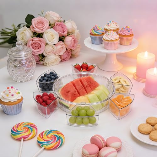 Rotating Divided Serving Tray with Lid & Handle, 6 Compartment Snack Box Container,Portable Snack Organizer for Fruits, Candy, Veggies – Ideal for Kitchen, Party, Travel, Picnic (1 Pack)